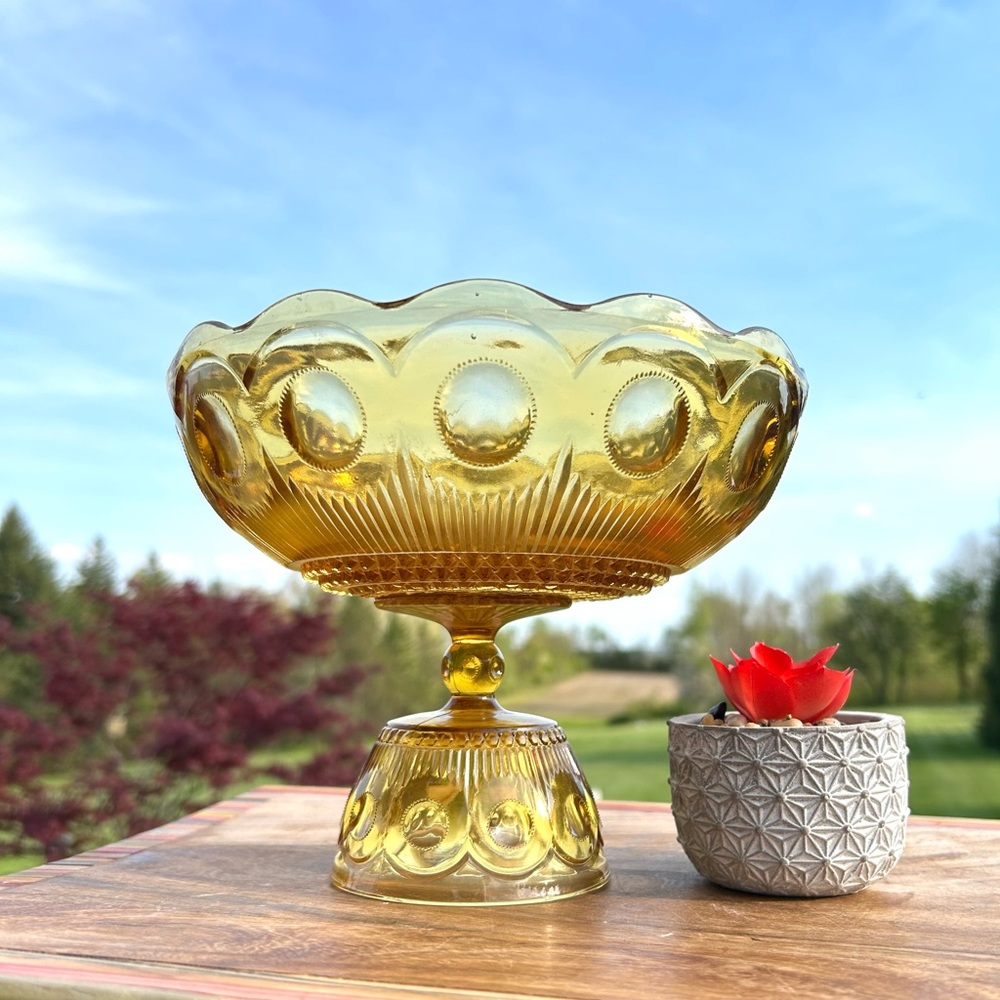 Vintage Compote Candy Dish Pedestal Amber Glass Thumbprint Scalloped Edge